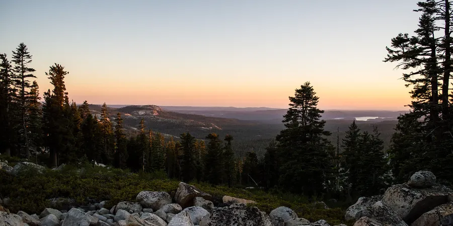 An evening at a rocky vista point in Eldorado National Forest.