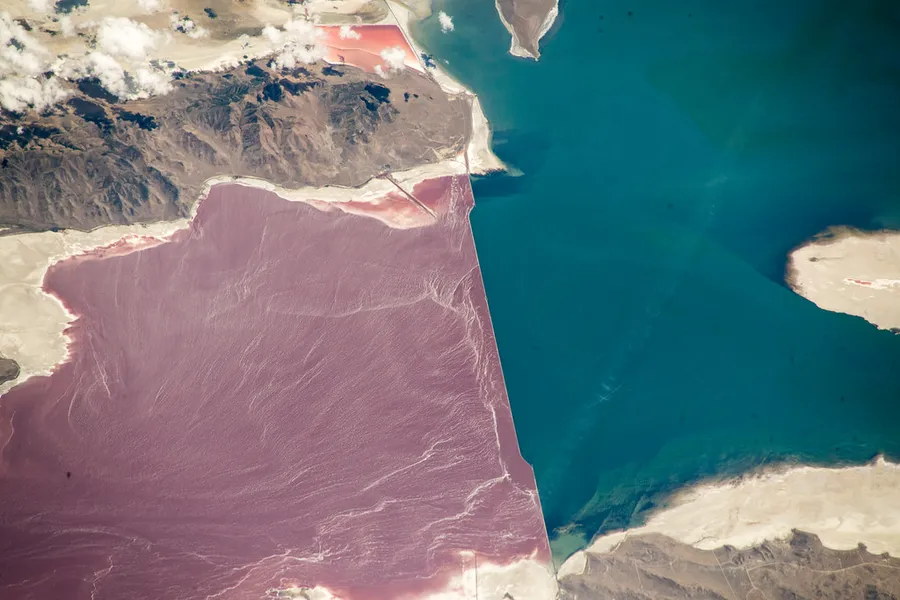 Aerial view of the pink Great Salt Lake in Utah.