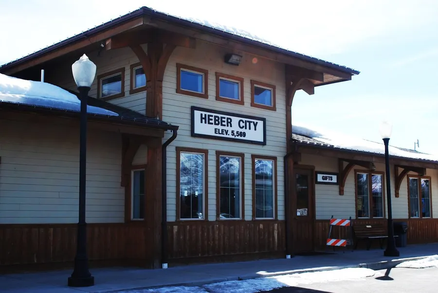 Heber City train station with snow on the roof