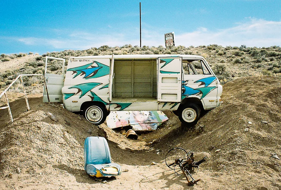 A hollowed-out van at the International Car Forest along the Free-Range Art Highway.