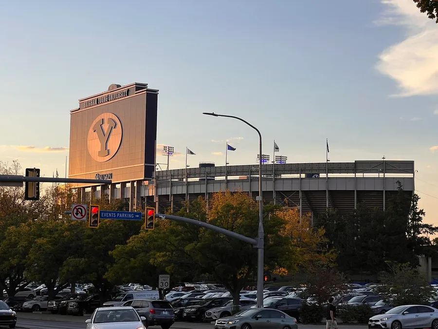 Lavell Edwards Stadium at sunset in Provo, Utah.