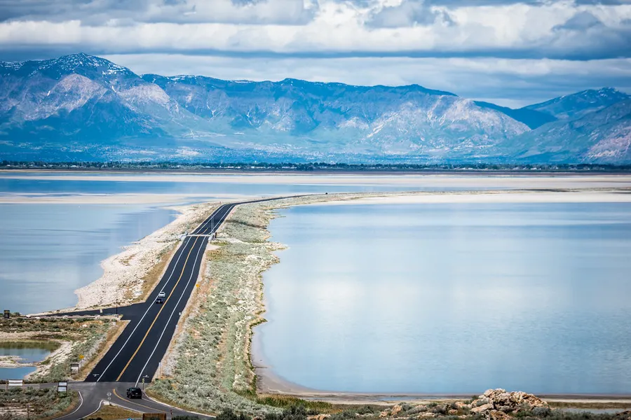 Aerial view of the road leading into Antelope Island State Park, Utah.