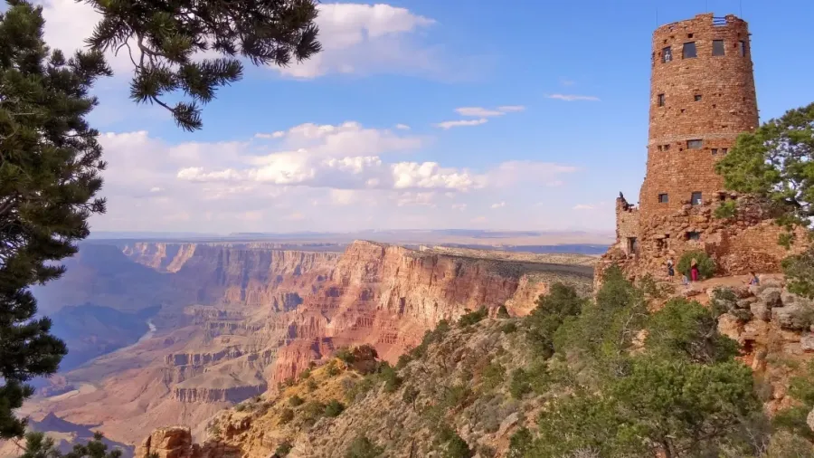 A picture of sweeping canyons and a tower at Grand Canyon National Park.