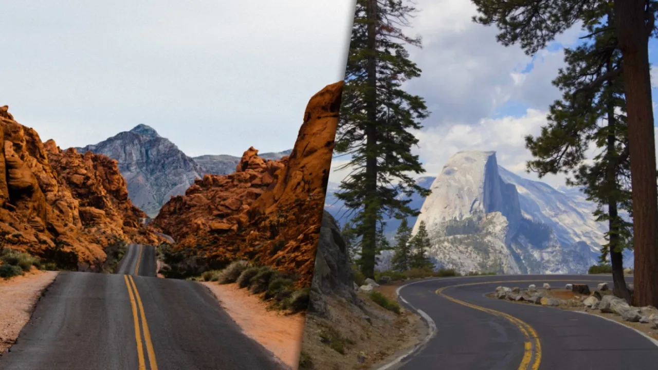 A desert route in Nevada and a forest route in California with a mountain backdrop, leading from Reno to Las Vegas.